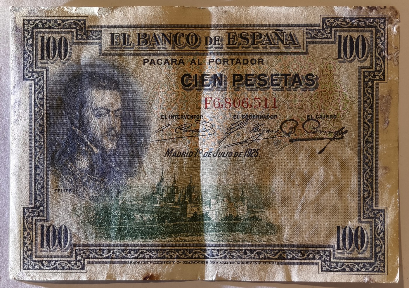 紫瑗钱币——第387期拍卖——纸币场 【双尾1】西班牙 1925年 油画《腓力二世的座椅》 100比塞塔 AU  (P-69c)