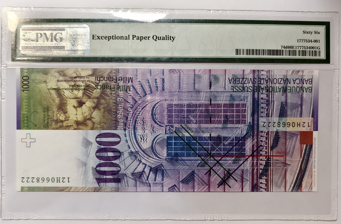 紫瑗钱币——第343期拍卖——纸币场 【PMG 66EPQ 豹子号2】瑞士 2012年 雅各布·伯克哈特 1000瑞士法郎 (p-74b)