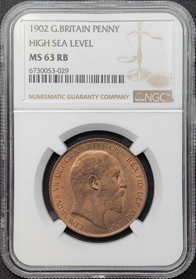 第34期钱币微拍 全场顺丰包邮 - NGC MS63RB 英国 1902年 爱德华七世 1便士铜币 高海平面版