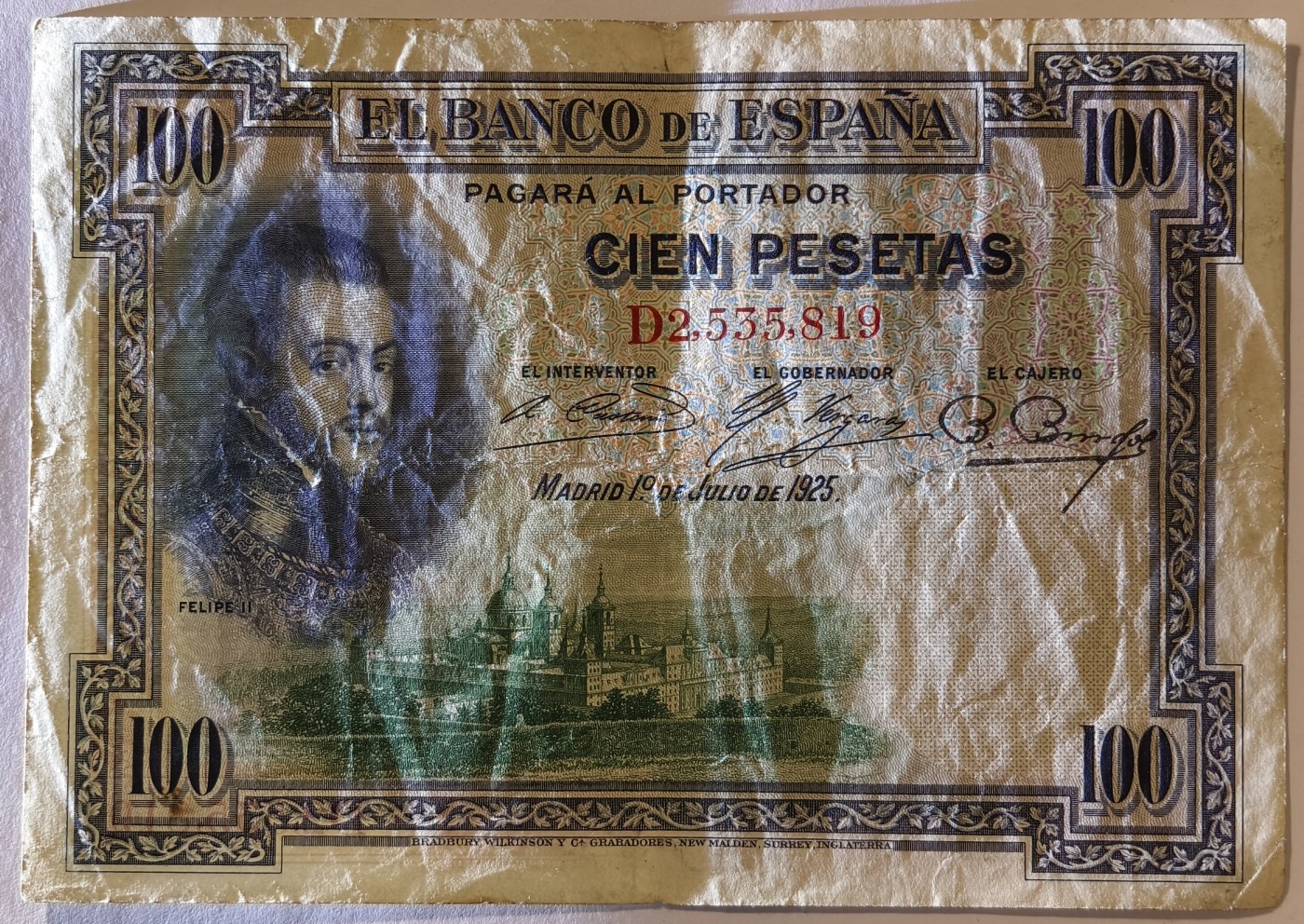 紫瑗钱币——第373期拍卖——纸币场 西班牙 1925年 油画《腓力二世的座椅》 100比塞塔 流通品  (P-69c)