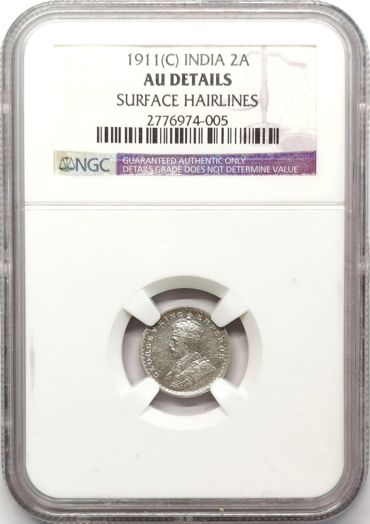 凡希社世界钱币微拍第二百六十七期 1911英属印度乔五猪2安那银币NGC-AUD