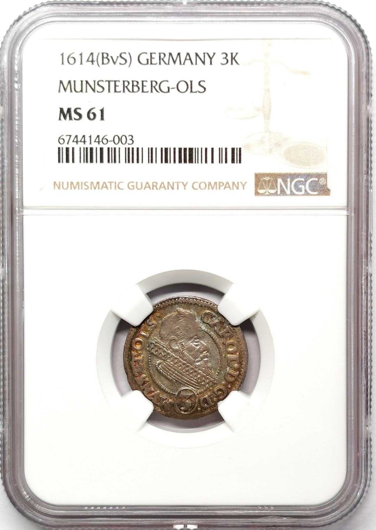 凡希社世界钱币微拍第二百六十七期 1614闵斯特堡公国3克鲁泽银币NGC-MS61，稀有品种！