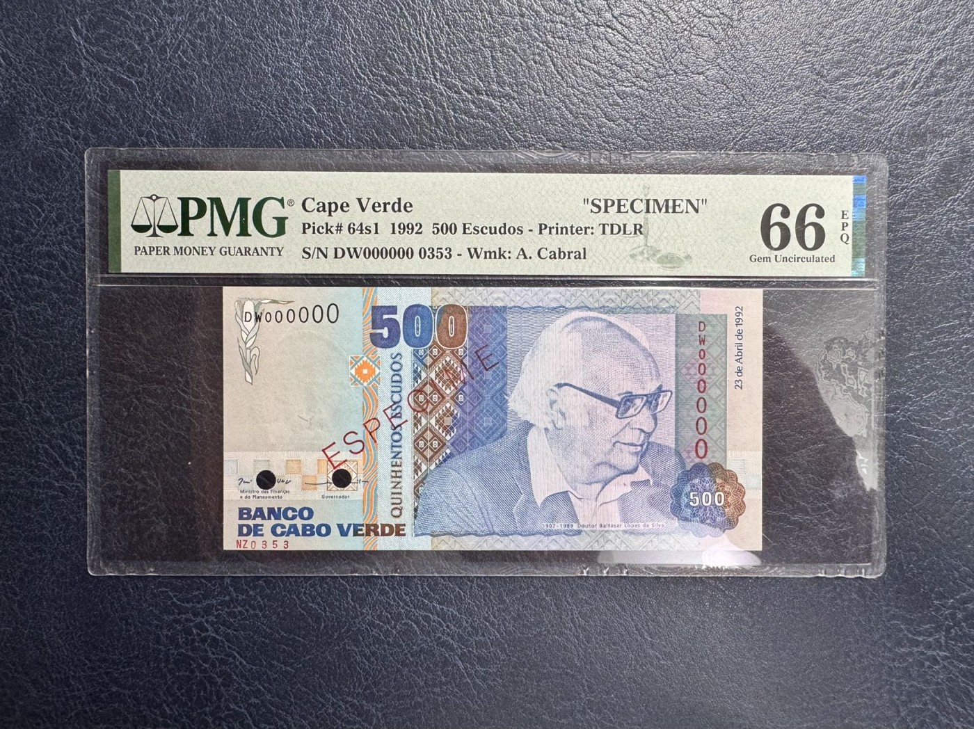 收藏联盟Quantum Auction 第341期拍卖  佛得角1992年500埃斯库多样票 PMG66