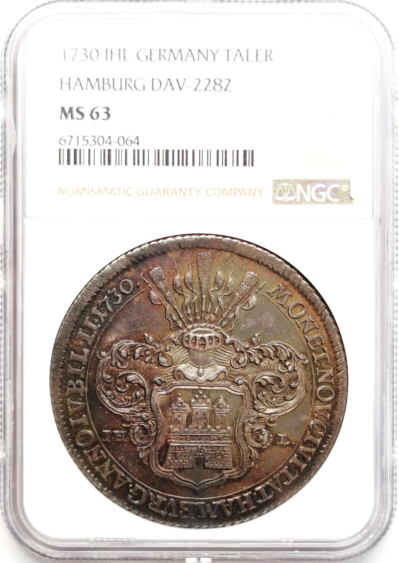 凡希社世界钱币微拍第二百六十七期 荐！1730IHL帝国自由市汉堡双头鹰与城徽泰勒大银NGC-MS63，一年型，铸造仅仅5000枚，五彩浓郁细节优秀！