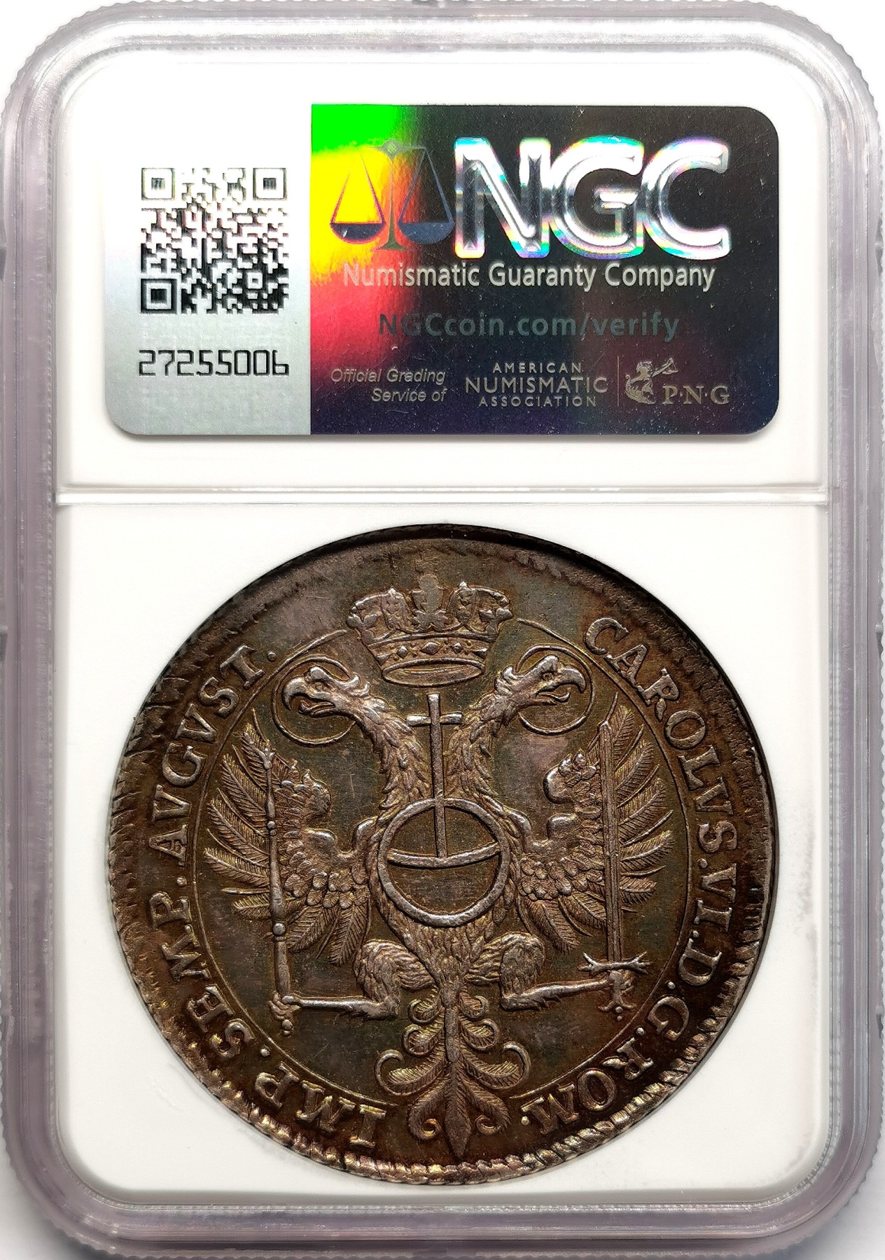 凡希社世界钱币微拍第二百六十七期 荐！1730IHL帝国自由市汉堡双头鹰与城徽泰勒大银NGC-MS63，一年型，铸造仅仅5000枚，五彩浓郁细节优秀！