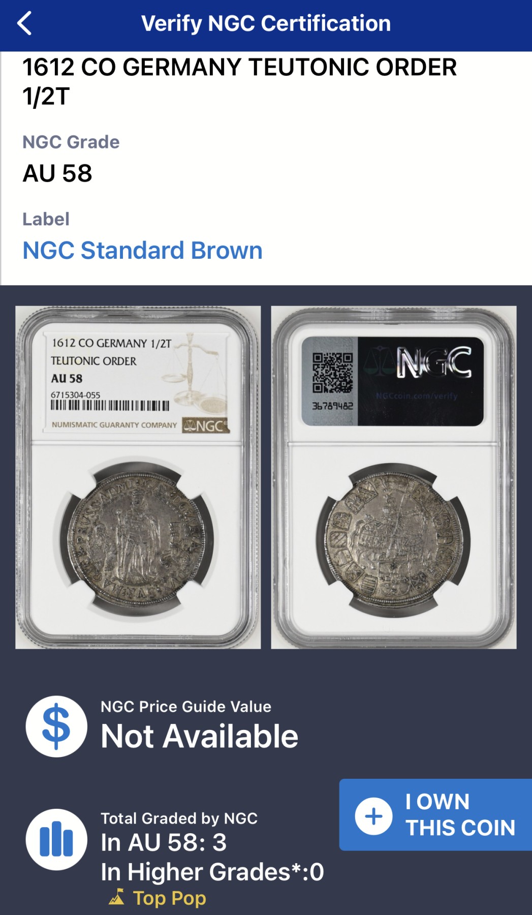 凡希社世界钱币微拍第二百六十七期 荐！1612条顿骑士团重装骑士与盾徽1/2泰勒NGC-AU58，一年型，稀有品种，非常轻微的流通痕迹，标准的欧陆灰彩，N冠军分！