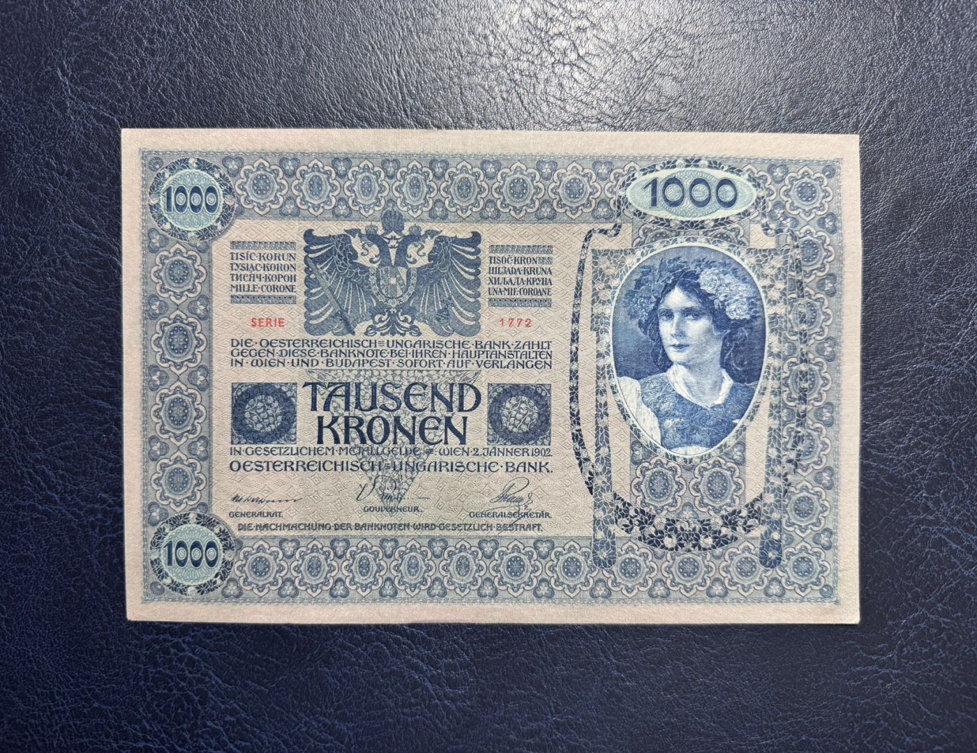 收藏联盟Quantum Auction 第341期拍卖  奥匈帝国加盖奥地利1902年1000克朗 品相UNC- 细节如图 大票幅