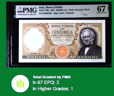 【Blue Auction】✨世界纸币精拍第468期【精】  【仅1张更高分 a版少见】意大利 1967年10万里拉 曼左尼经典 顶级雕刻 PMG67EPQ 高分 