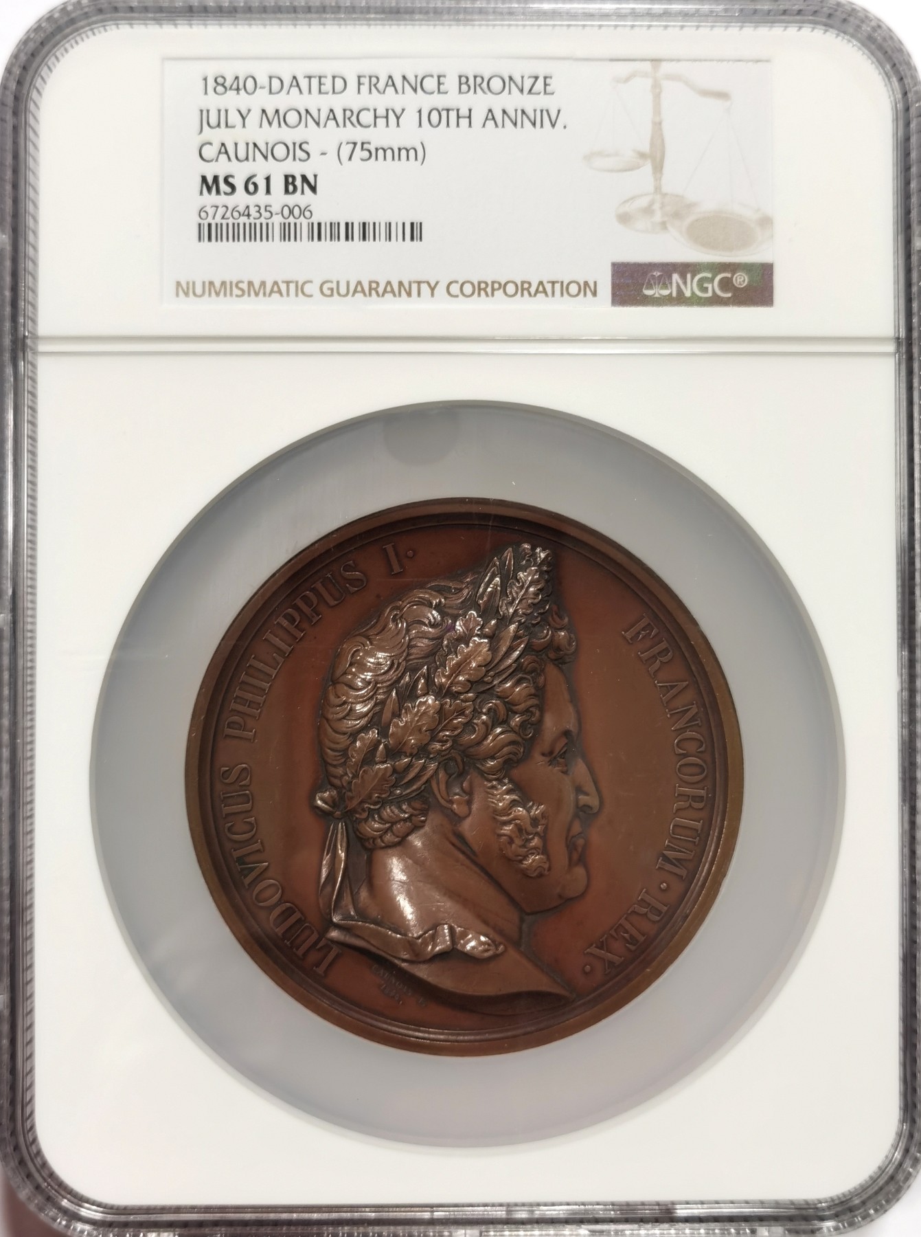 博洋堂世界钱币拍卖第107期（全场包邮） NGC MS61 法国1840年菲利普七月柱纪念铜章 状态严评 著名的封面章