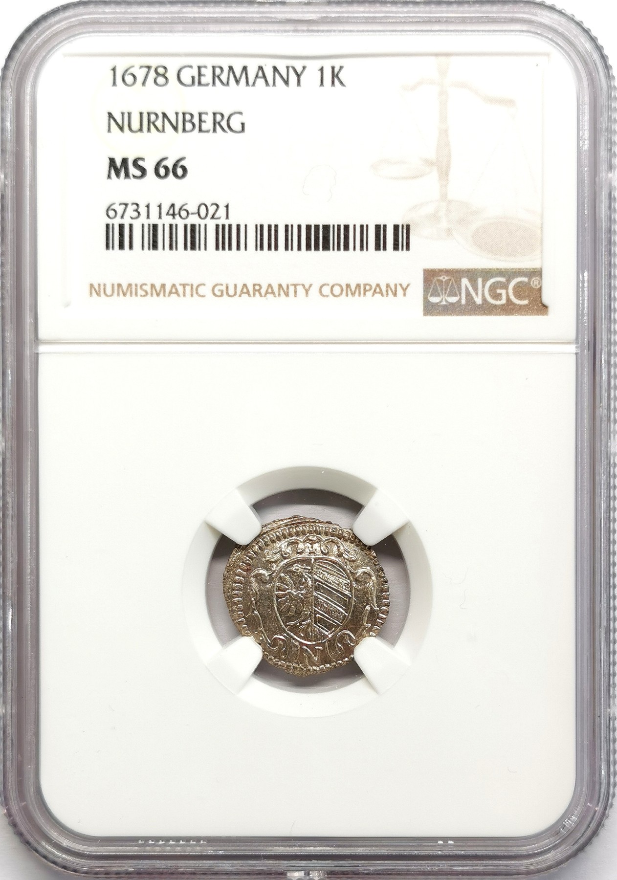 凡希社世界钱币微拍第二百六十七期 1678帝国自由市纽伦堡城徽版1K银辅币NGC-MS66，罕见高分！