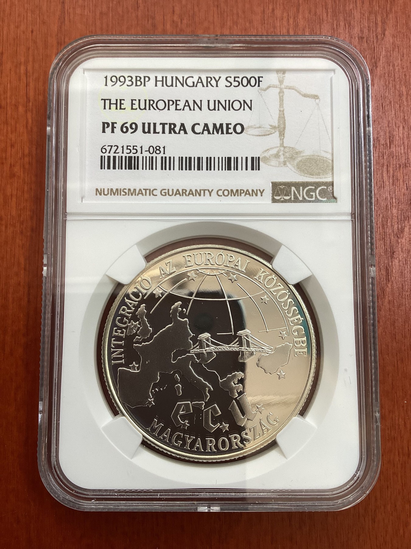 长老汇龙年精选第四场 1993BP 匈牙利欧盟500弗林特精制银币，NGC PF69UC，唯一冠军分，3万枚