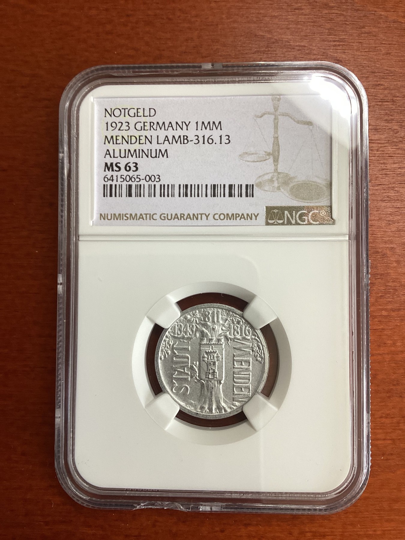 长老汇龙年精选第四场 1923 德紧门登1百万马克铝币，NGC MS63分，季军分，更高分仅有14枚