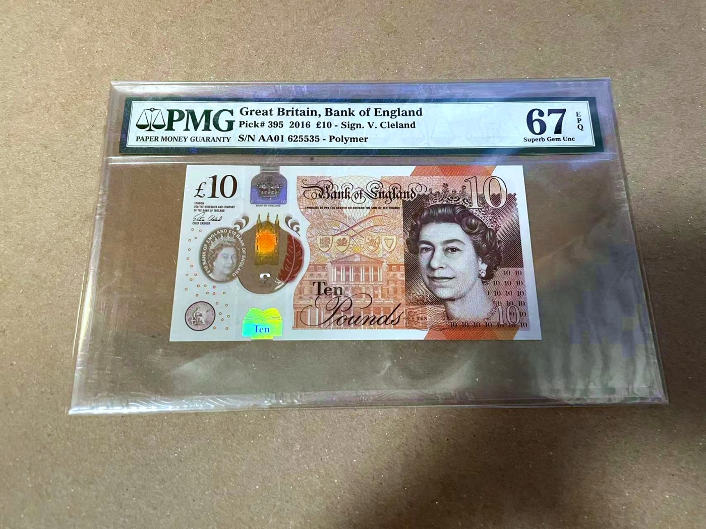 【Blue Auction】✨世界纸币精拍第468期【精】 【AA01 无47】英国 2016年10镑 PMG67EPQ 高分
