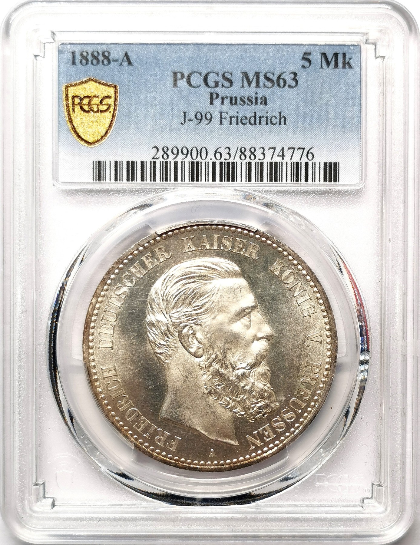 凡希社世界钱币微拍第二百六十七期 1888德国普鲁士短翅鹰5马克大银PCGS-MS63