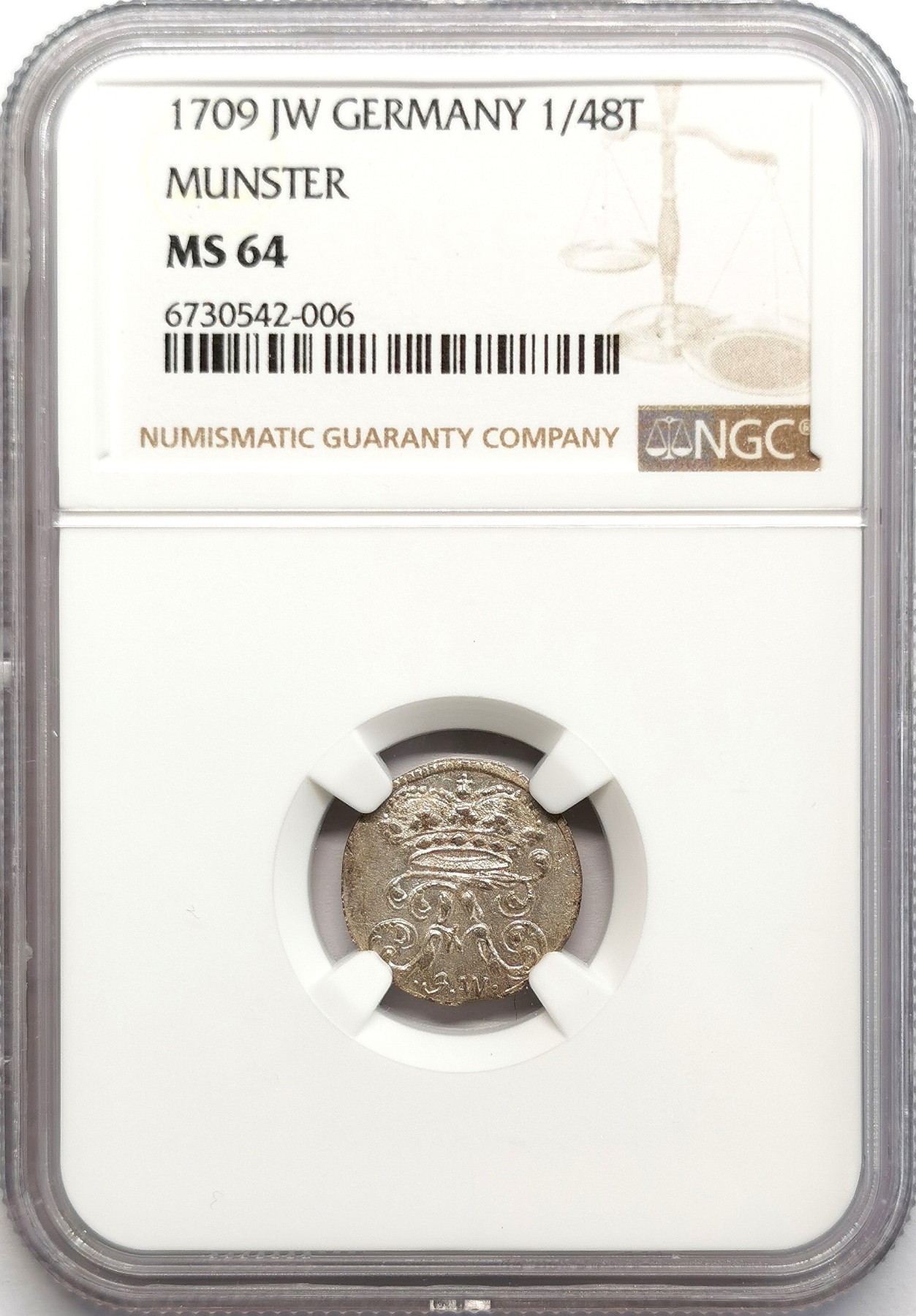 凡希社世界钱币微拍第二百六十七期 1709JW明斯特主教区1/48泰勒NGC-MS64，原光罕见品相！