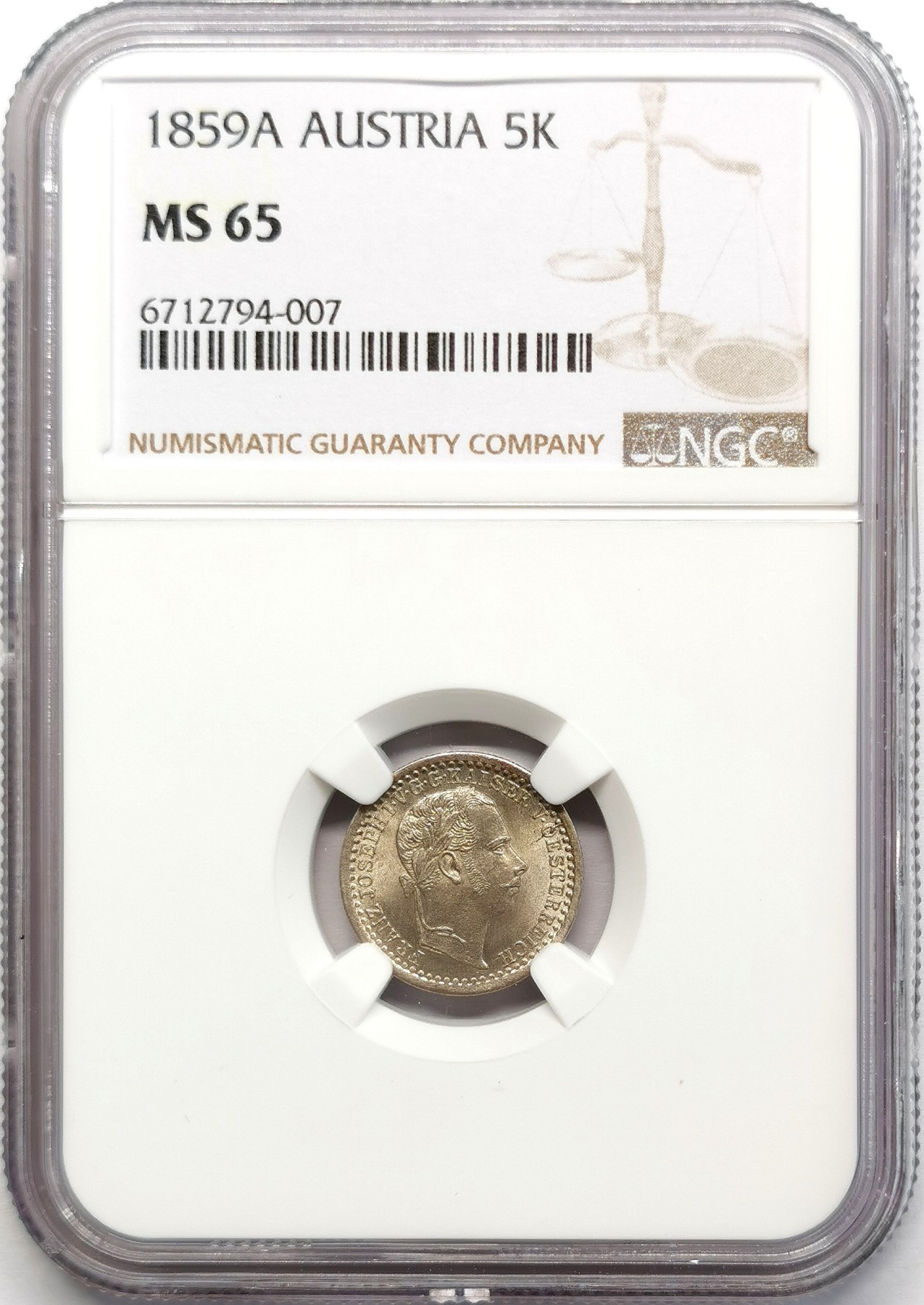 凡希社世界钱币微拍第二百六十七期 1859A奥地利5K银币NGC-MS65，原光出厂状态！