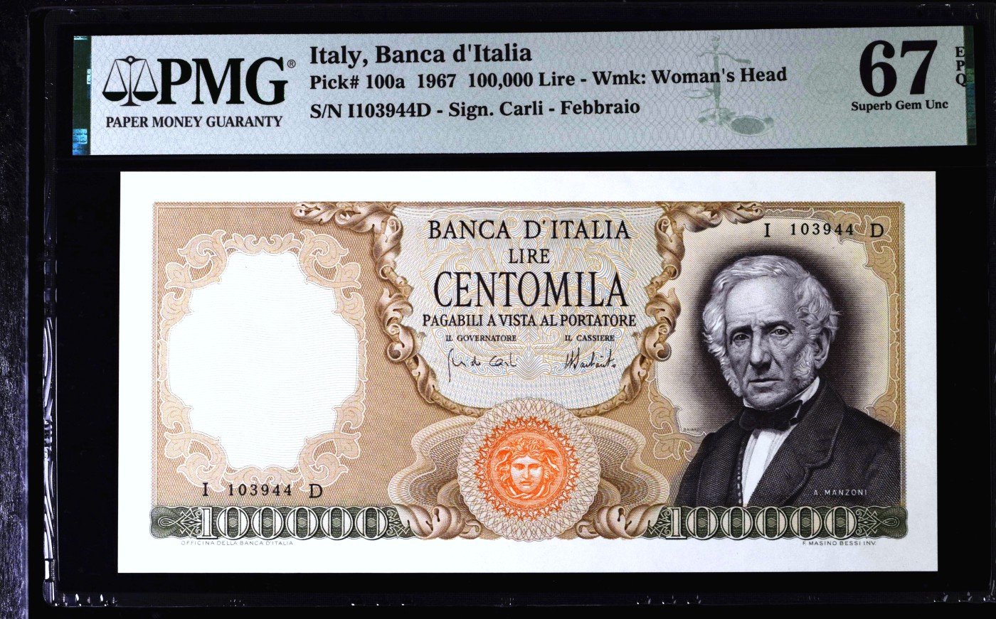 【Blue Auction】✨世界纸币精拍第468期【精】  【仅1张更高分 a版少见】意大利 1967年10万里拉 曼左尼经典 顶级雕刻 PMG67EPQ 高分 