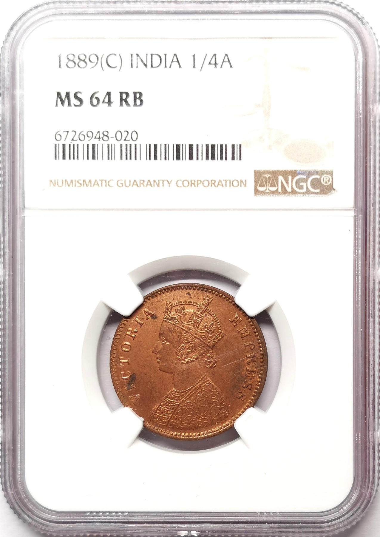 凡希社世界钱币微拍第二百六十七期 1889英属印度小维1/4安那铜币NGC-MS64