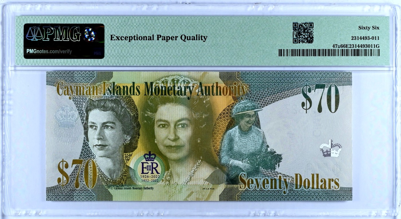 【Blue Auction】✨世界纸币精拍第468期【精】  【Q/1千位小号】开曼群岛 2022年70元 女王 PMG66EPQ 纪念钞 
