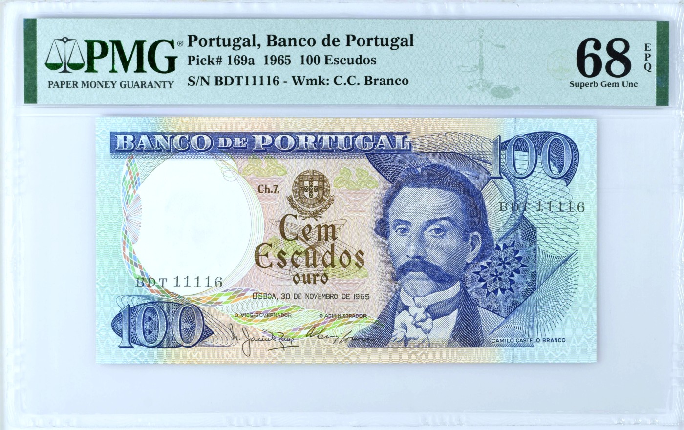 【Blue Auction】✨世界纸币精拍第468期【精】 【冠军分 近全同 倒置号】葡萄牙 1965年100埃斯库多 大场景 高分难评 精美 PMG68EPQ 超高分
