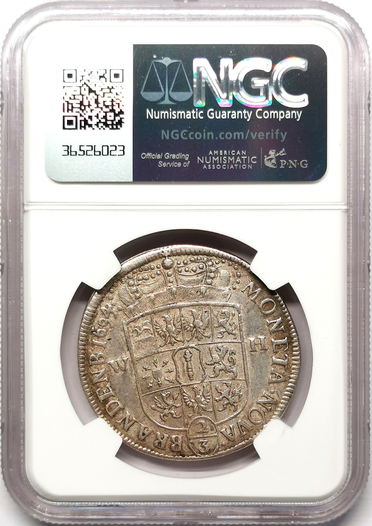 凡希社世界钱币微拍第二百六十七期 荐！1694WH克勒弗铸勃兰登堡-普鲁士弗里德里希三世2/3泰勒大银NGC-MS62，品相卓越收藏级！