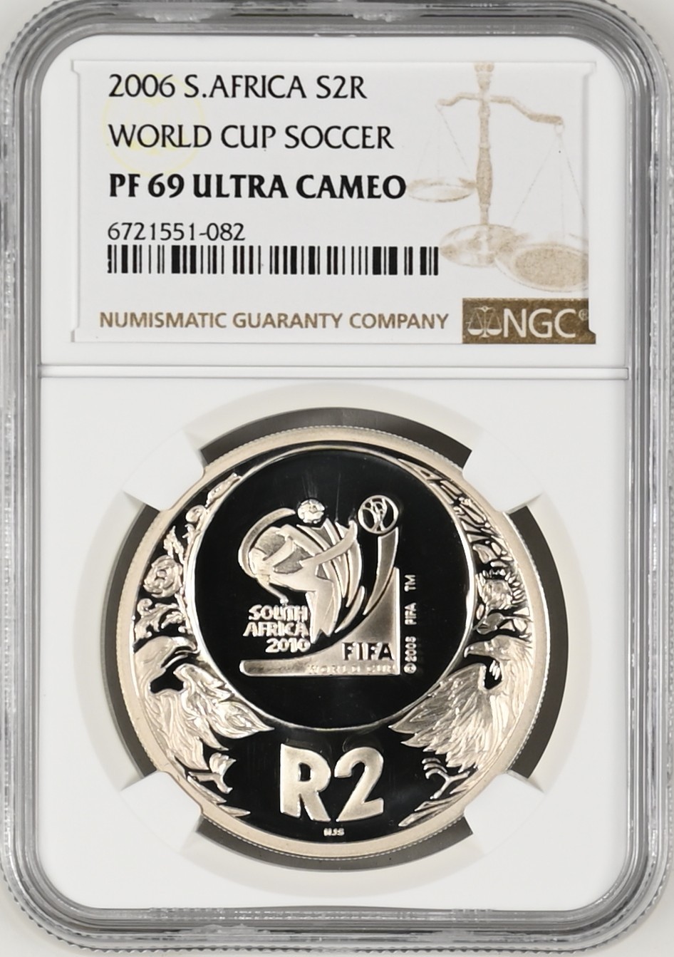 长老汇龙年精选第四场 2006南非2010世界杯 2朗德精制银币，NGC PF69UC，更高分仅有11枚，2.5万枚