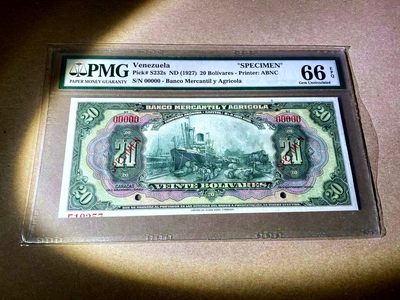 【Blue Auction】✨世界纸币精拍第468期【精】 - 委内瑞拉 1927年20玻利瓦尔 PMG66EPQ ABNC雕刻精美 大场景 样钞