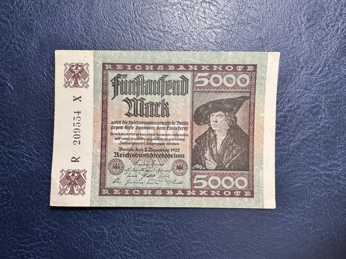 收藏联盟Quantum Auction 第341期拍卖  德国1922年5000马克 品相UNC- 细节如图