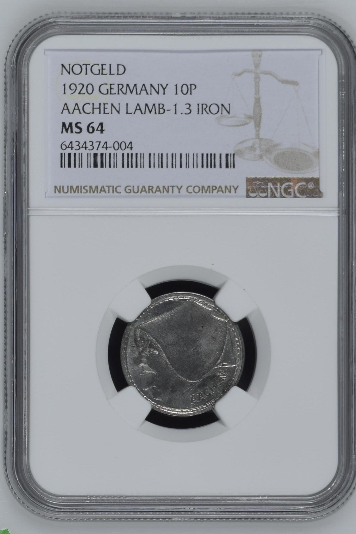长老汇龙年精选第四场 1920 德紧亚琛妇人头10芬尼铁币，NGC MS64分，季军分，更高分仅有4枚