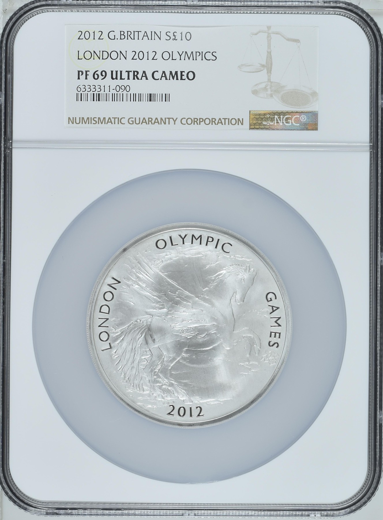 长老汇龙年精选第四场 2012 英国伦敦奥运会飞马5盎司10镑精制银币，NGC PF69UC，仿古希腊飞马，5056枚