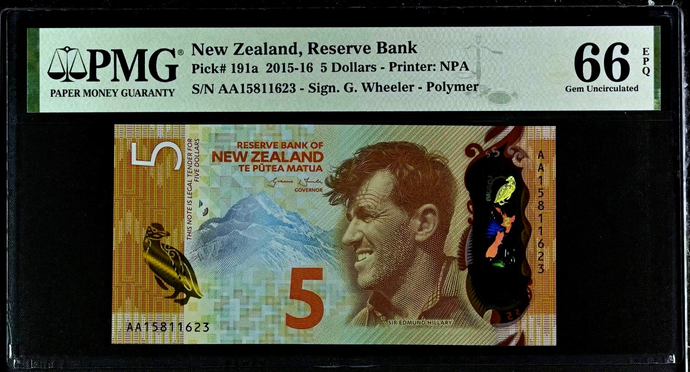 【Blue Auction】✨世界纸币精拍第468期【精】 【获奖钞 AA冠无47】新西兰 2015-16年5元 PMG66EPQ 