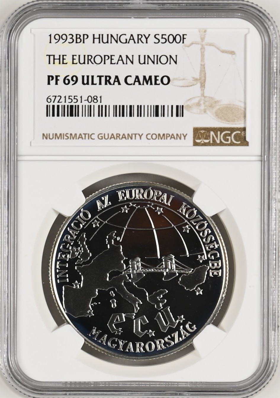 长老汇龙年精选第四场 1993BP 匈牙利欧盟500弗林特精制银币，NGC PF69UC，唯一冠军分，3万枚