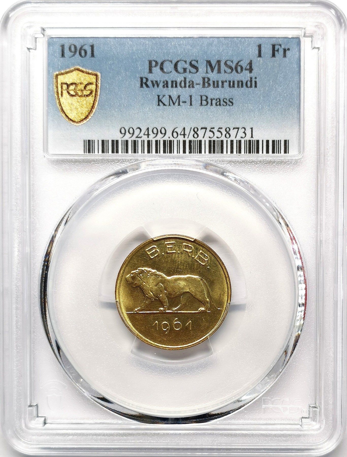 凡希社世界钱币微拍第二百六十七期 1961卢旺达-布隆迪1法郎黄铜PCGS-MS64