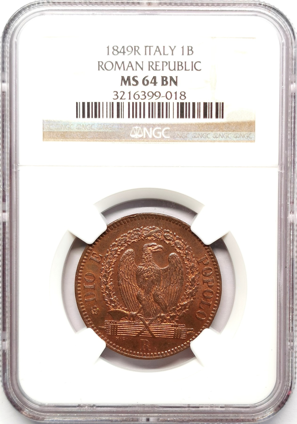凡希社世界钱币微拍第二百六十七期 1849R罗马共和国束棒鹰1B铜币NGC-MS64，铜色优美，细节相当难得的一枚，N亚军！