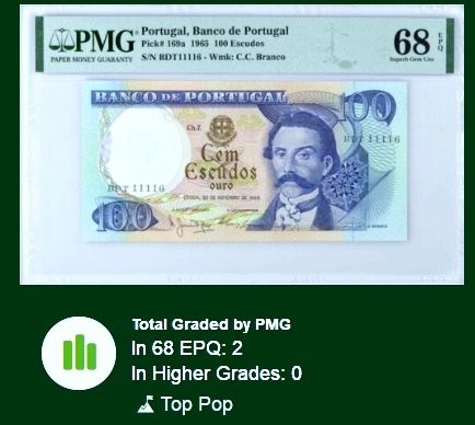 【Blue Auction】✨世界纸币精拍第468期【精】 【冠军分 近全同 倒置号】葡萄牙 1965年100埃斯库多 大场景 高分难评 精美 PMG68EPQ 超高分