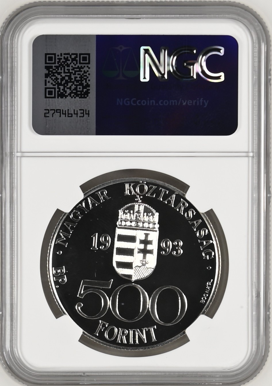 长老汇龙年精选第四场 1993BP 匈牙利欧盟500弗林特精制银币，NGC PF69UC，唯一冠军分，3万枚