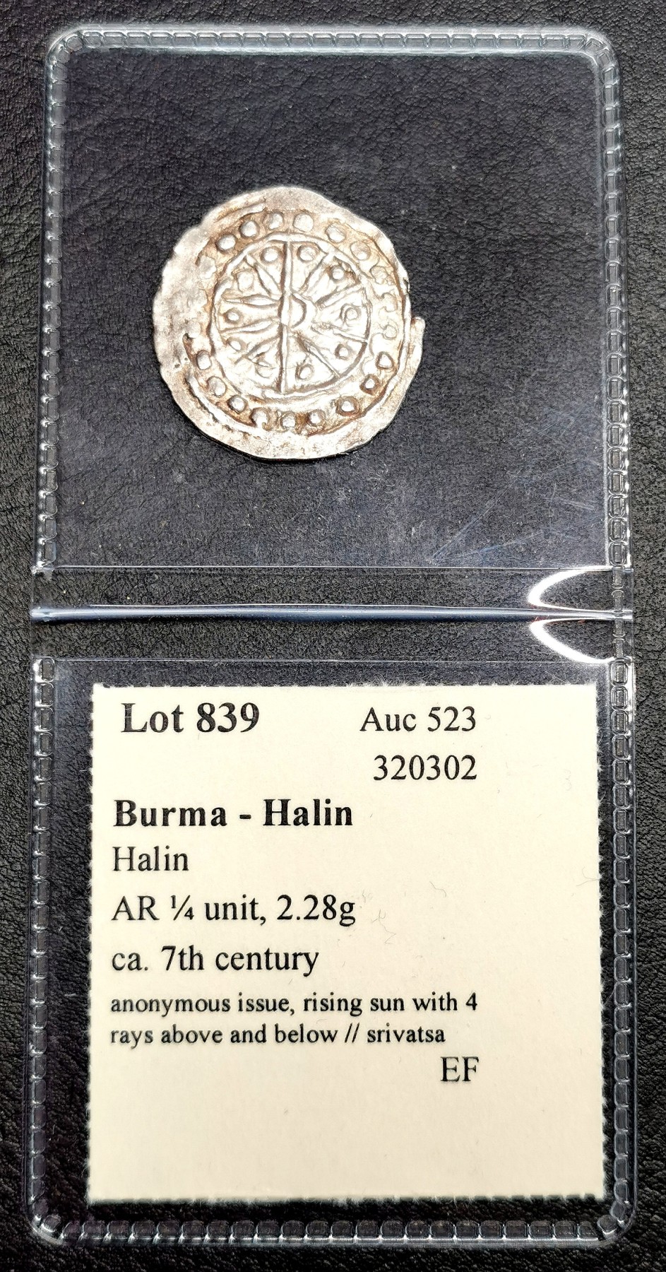 凡希社世界钱币微拍第二百六十七期 公元七世纪骠国 太阳/室利靺蹉1/4Unit银币原光AU，这个品种的UNIT常见，小面值银辅币少！