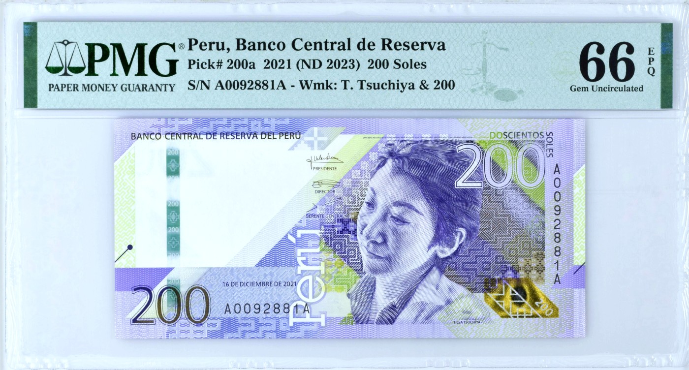 【Blue Auction】✨世界纸币精拍第468期【精】 【AA冠无47】秘鲁 2021年200索尔 PMG66EPQ 