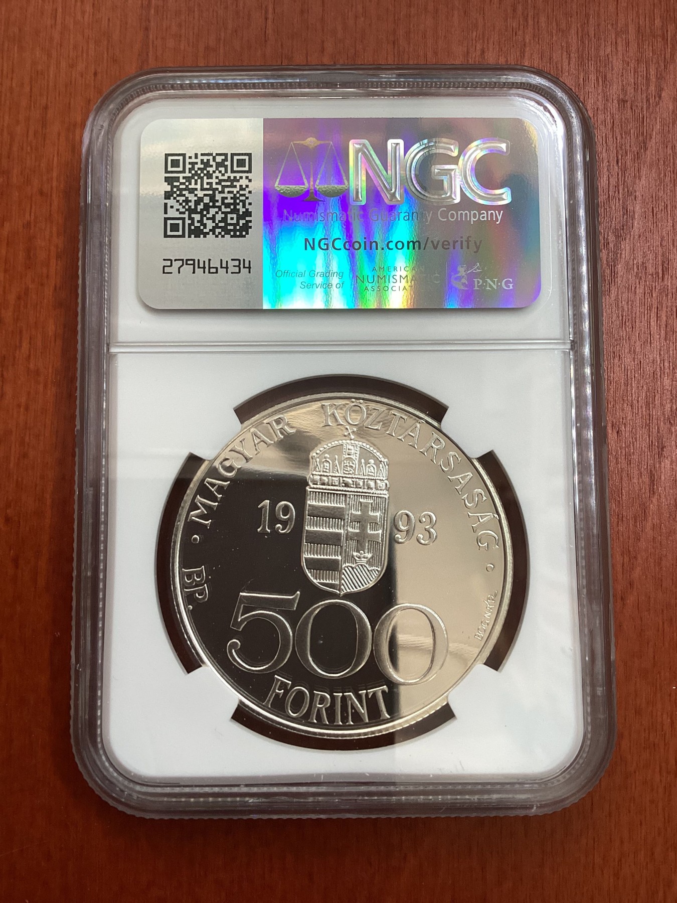 长老汇龙年精选第四场 1993BP 匈牙利欧盟500弗林特精制银币，NGC PF69UC，唯一冠军分，3万枚