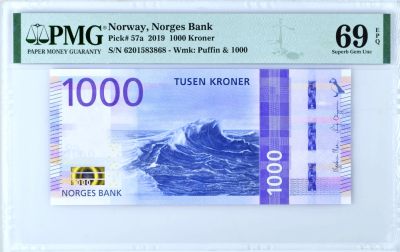 【Blue Auction】✨世界纸币精拍第468期【精】 -  【冠军分无47 少见】挪威 2019年1000克朗 PMG69EPQ 近满分 