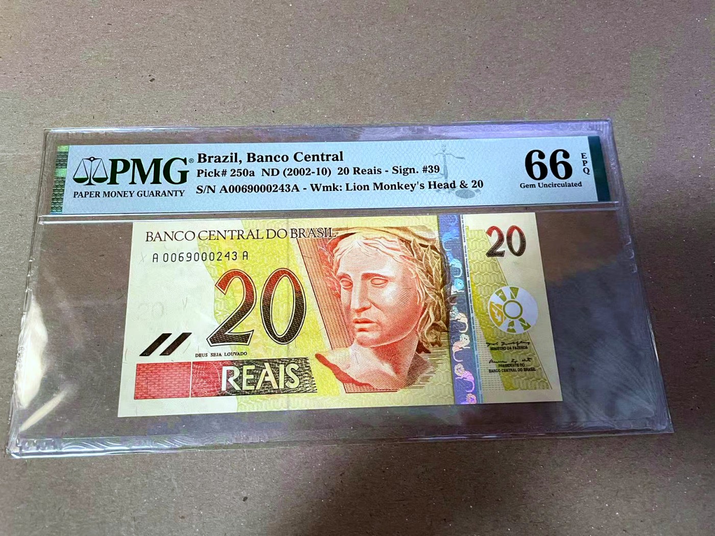 【Blue Auction】✨世界纸币精拍第468期【精】 【AA】巴西 2002-10年20瑞斯 PMG66EPQ 