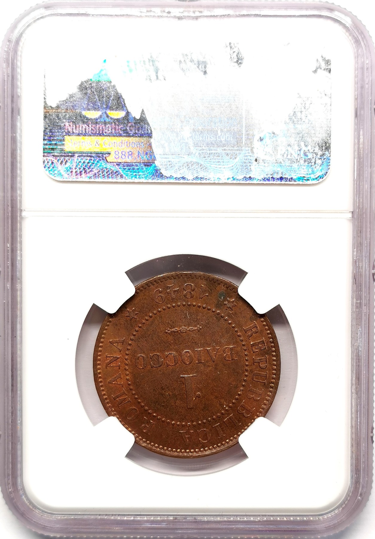 凡希社世界钱币微拍第二百六十七期 1849R罗马共和国束棒鹰1B铜币NGC-MS64，铜色优美，细节相当难得的一枚，N亚军！