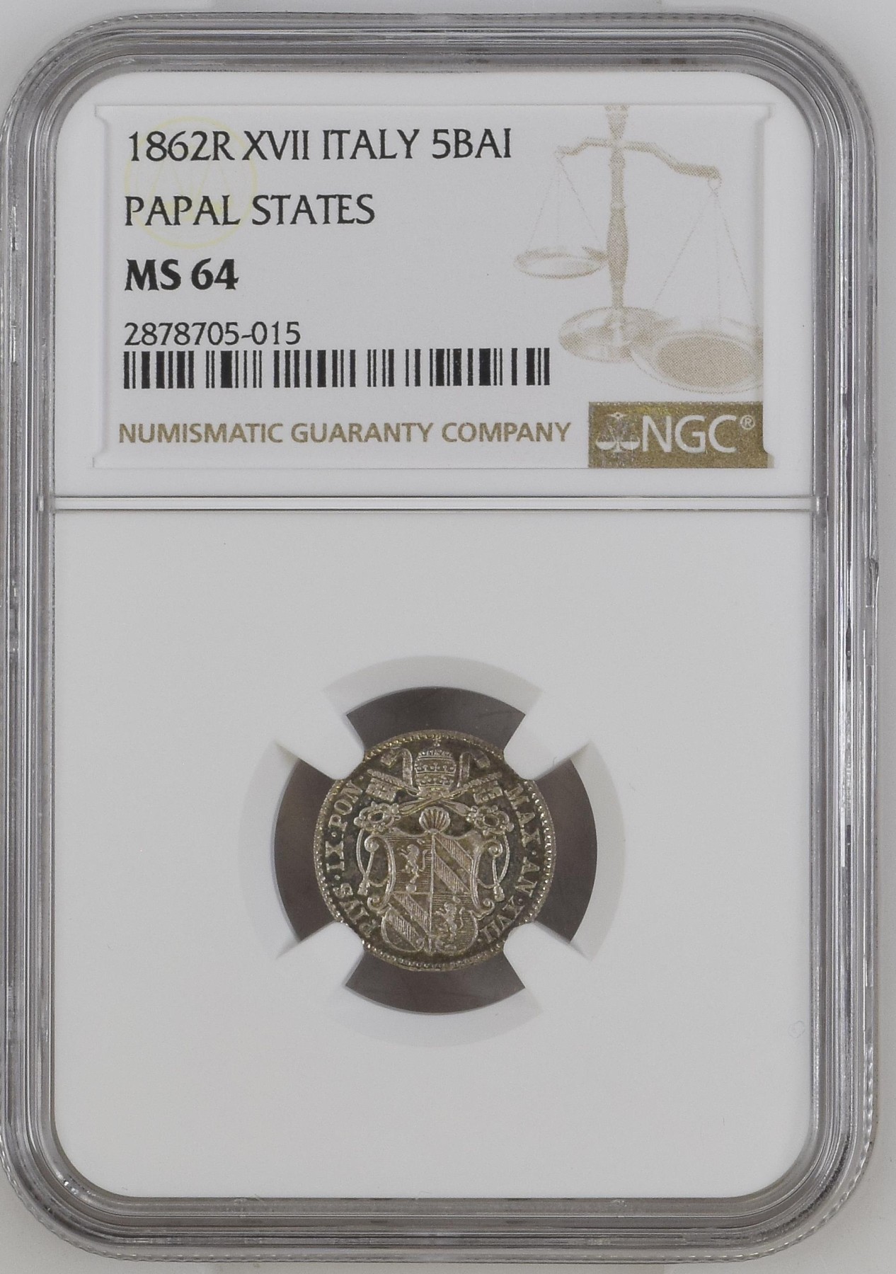 长老汇龙年精选第四场 1862R XVII 意大利教皇国 5B银币，NGC MS64分，唯一冠军分，远远领先第二名53分，克书XF40标价150美金，镜面感十足