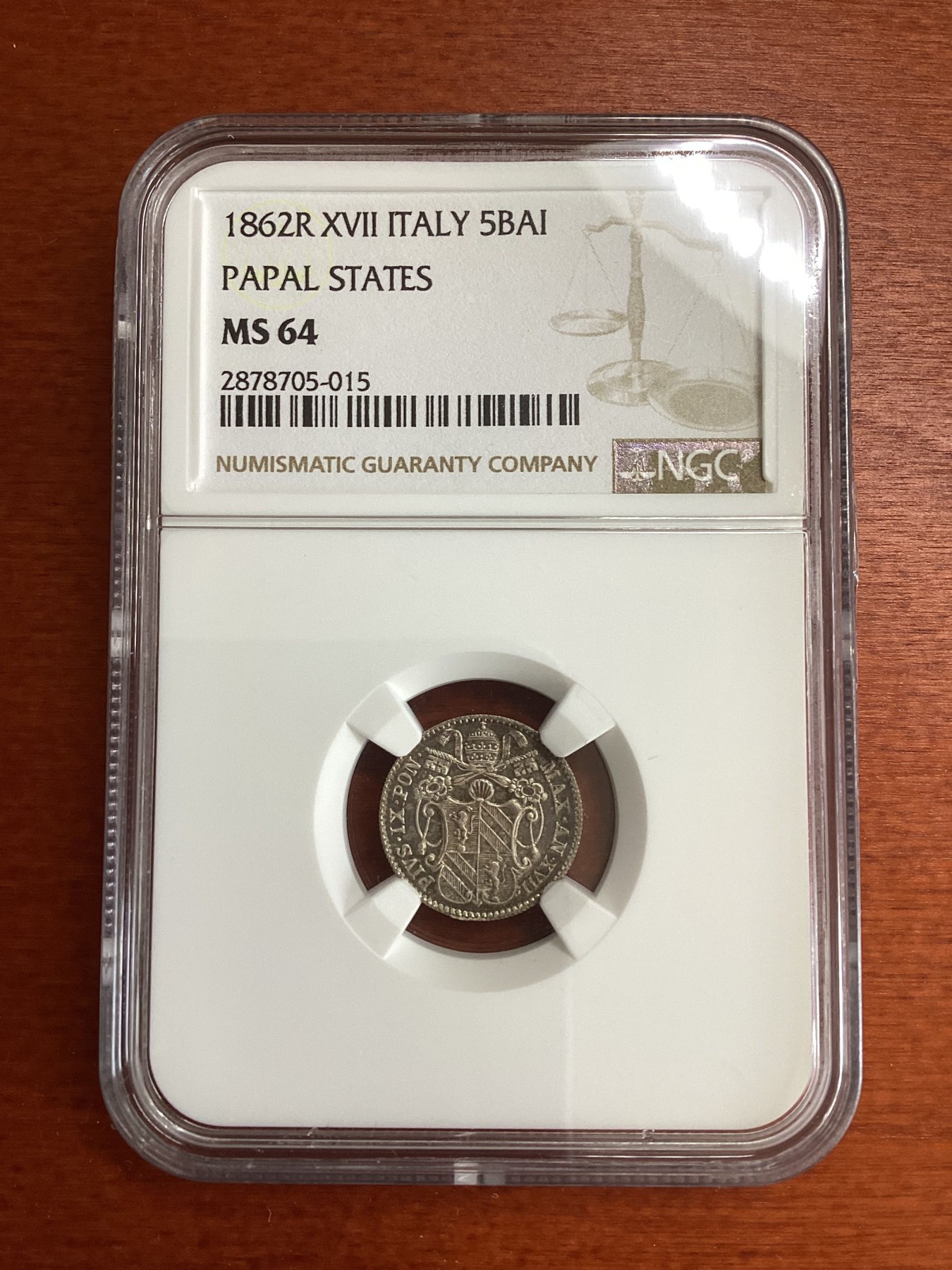 长老汇龙年精选第四场 1862R XVII 意大利教皇国 5B银币，NGC MS64分，唯一冠军分，远远领先第二名53分，克书XF40标价150美金，镜面感十足