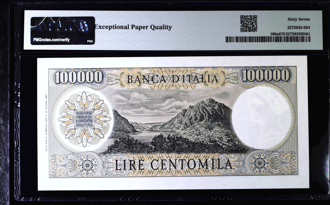 【Blue Auction】✨世界纸币精拍第468期【精】  【仅1张更高分 a版少见】意大利 1967年10万里拉 曼左尼经典 顶级雕刻 PMG67EPQ 高分 