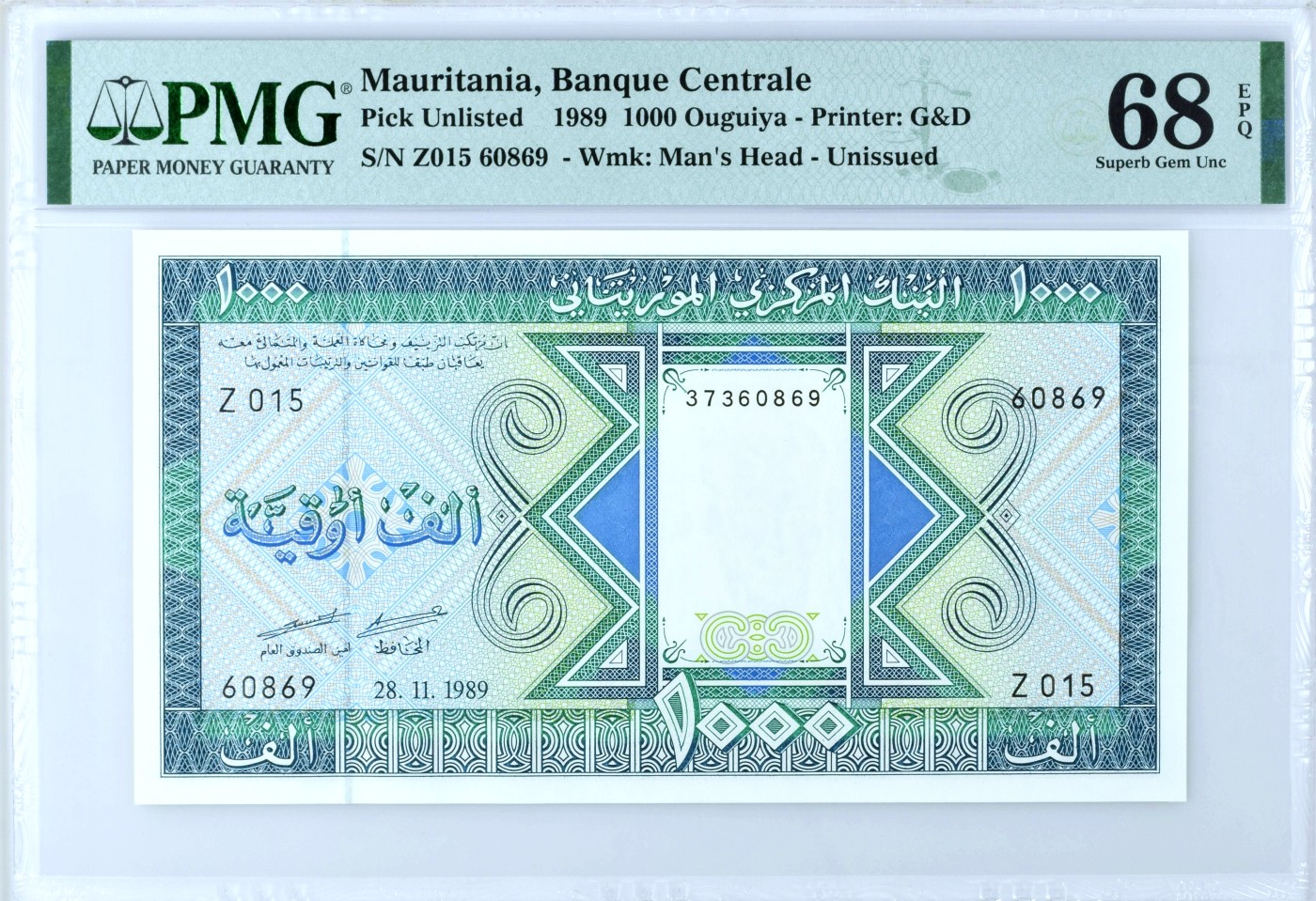 【Blue Auction】✨世界纸币精拍第468期【精】 【唯一冠军分 倒置号】毛里塔尼亚 1989年1000乌吉亚 PMG68EPQ 超高分