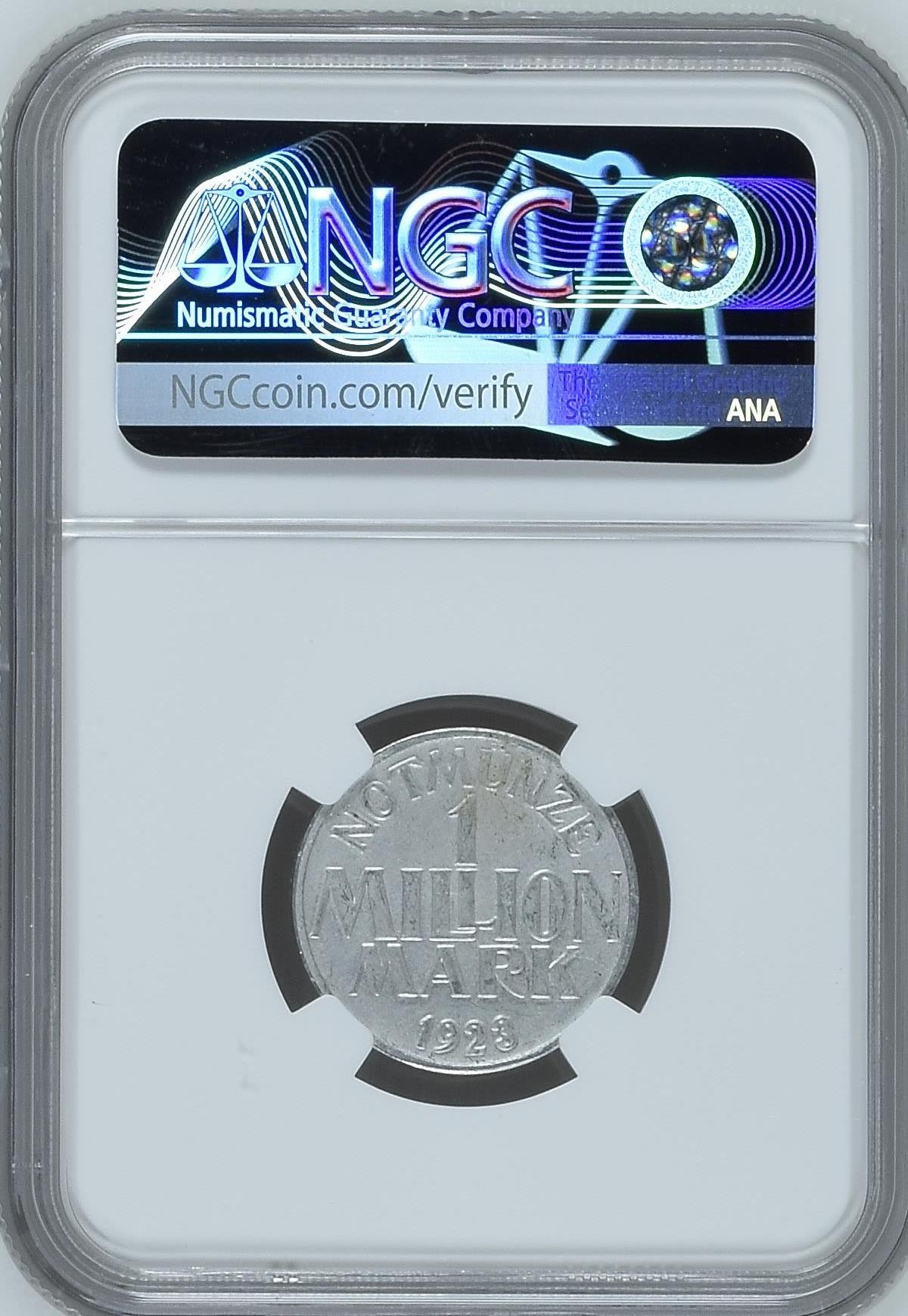 长老汇龙年精选第四场 1923 德紧门登1百万马克铝币，NGC MS63分，季军分，更高分仅有14枚