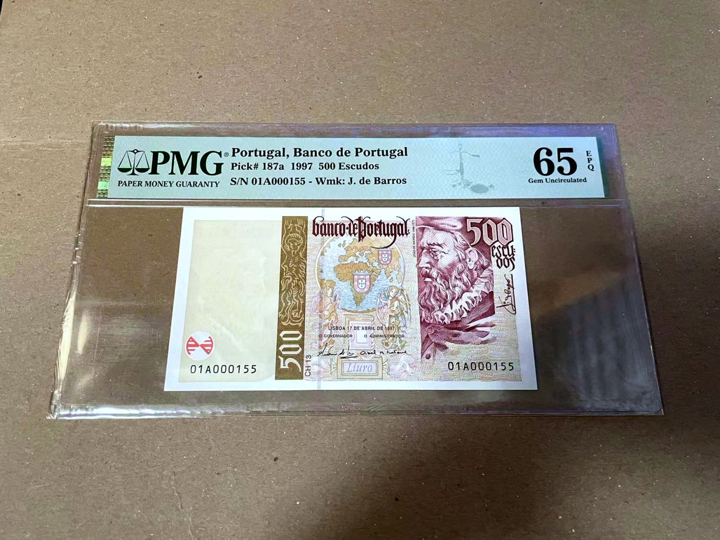 【Blue Auction】✨世界纸币精拍第468期【精】 【01A冠155小号罕见 a版】葡萄牙 1997年500埃斯库多 PMG65EPQ 