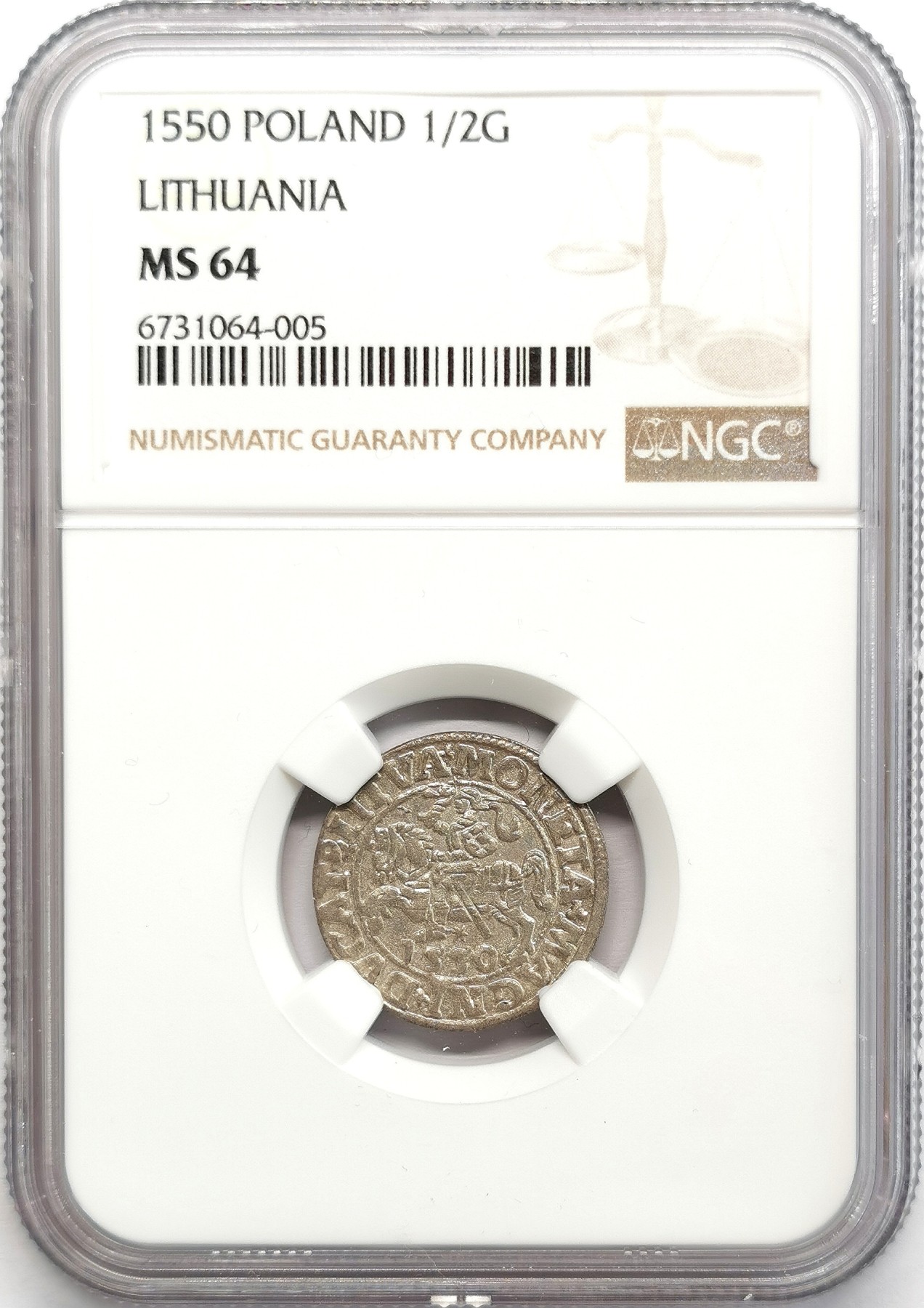 凡希社世界钱币微拍第二百六十七期 1550立陶宛大公国齐格蒙特二世1/2格罗兹马剑银辅币NGC-MS64
