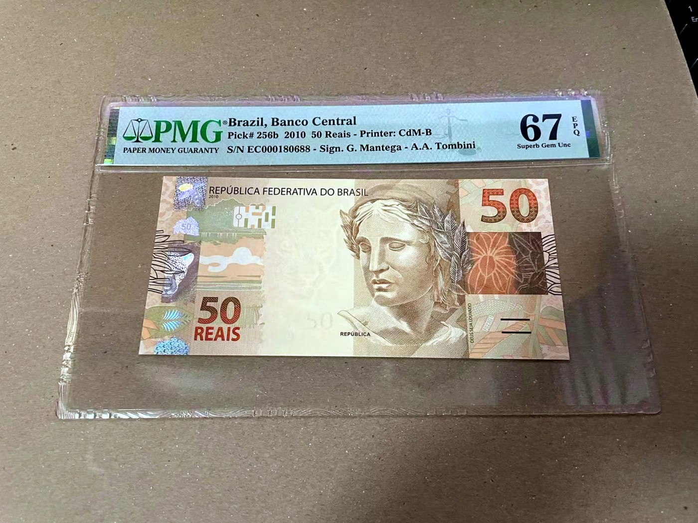 【Blue Auction】✨世界纸币精拍第468期【精】 【88尾倒置号】巴西 2010年50瑞斯 PMG67EPQ 高分